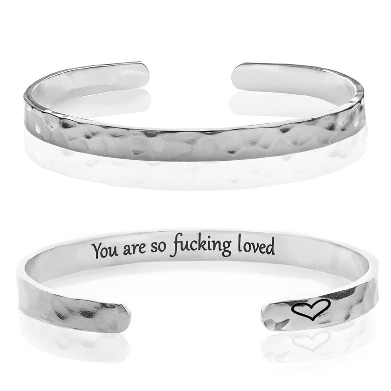 Minimalist Stainless Steel Engraved Open Moon Surface Textured Hammered Bracelet