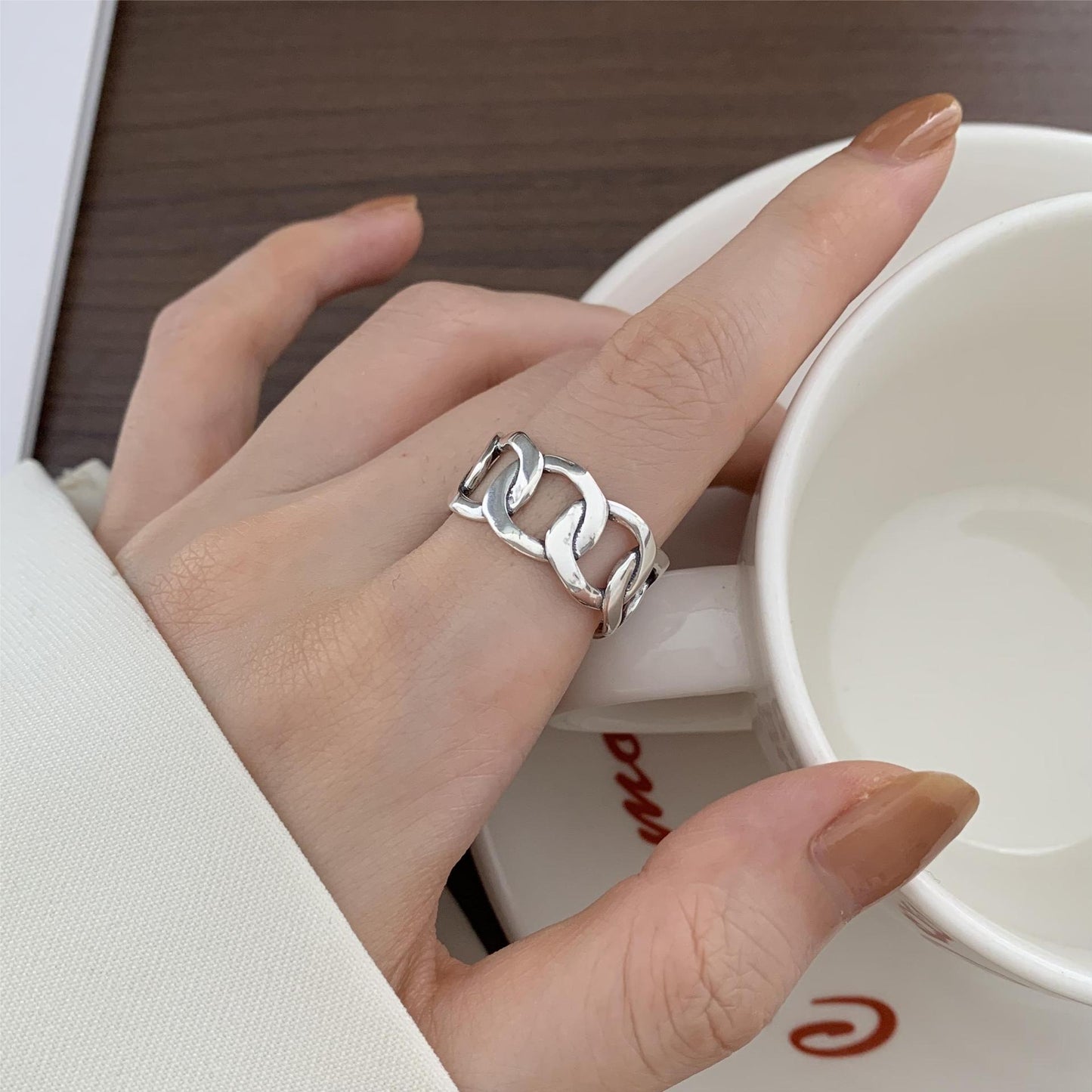S925 Sterling Silver Vintage Minimalist Square Bar Open Ring for Women Mesh Texture Adjustable Band