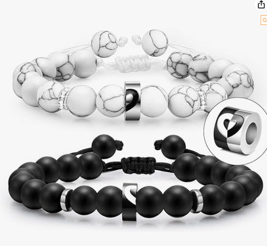 Minimalist Matte Stainless Steel Heart Bracelet Set with Black and White Turquoise for Couples