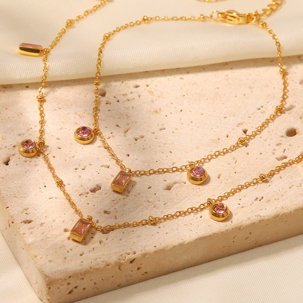 Trendy Geometric Square and Round Pendant Bracelet 18K Gold Plated Stainless Steel Chain Jewelry for Women