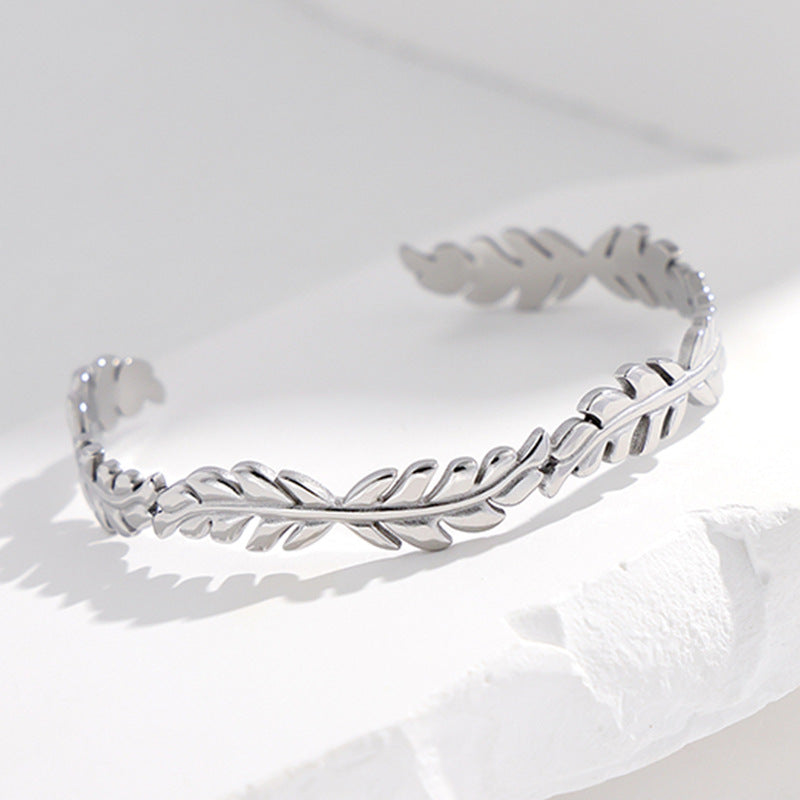 Gold Plated Stainless Steel Leaf Open Cuff Bracelet for Women