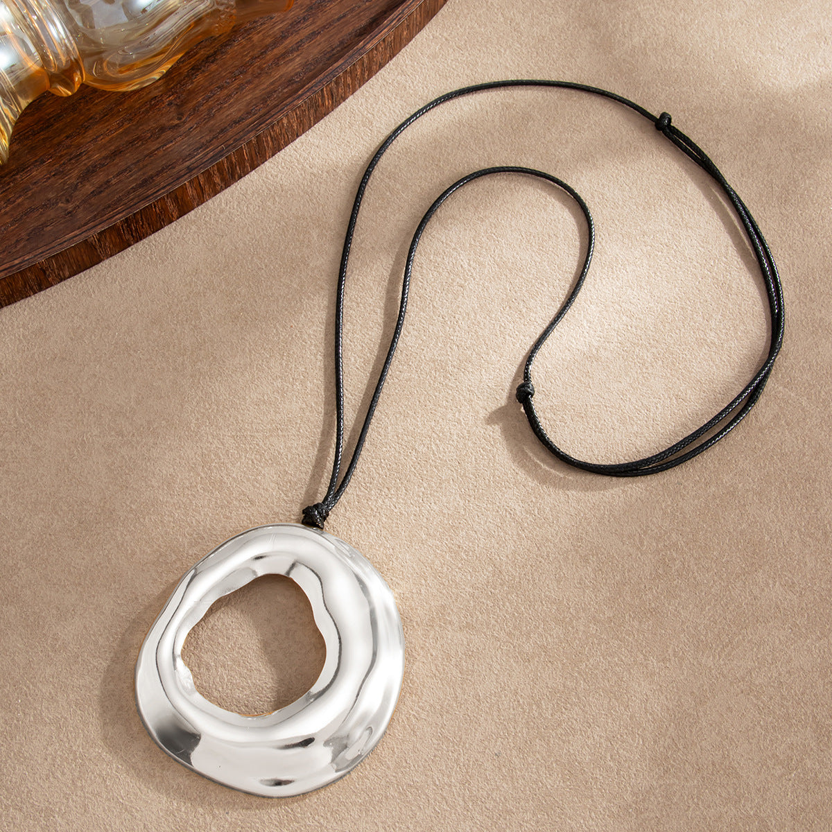 Minimalist Geometric Oval Hollow Metal Pendant Leather Cord Necklace for Women