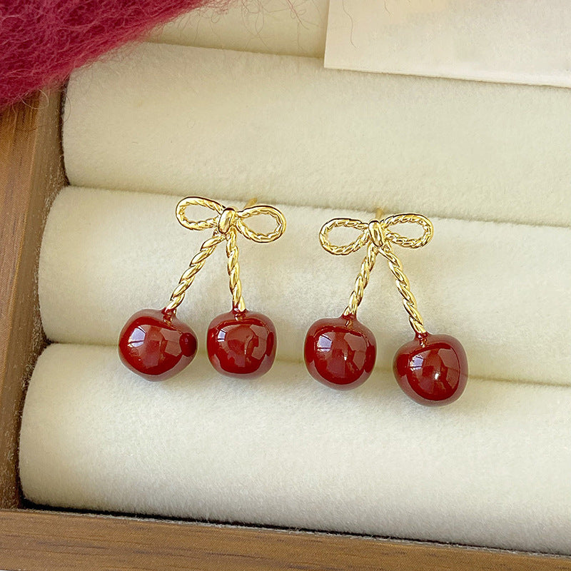 Cherry Bowknot Resin Stud Earrings with Steel Posts for Women, Minimalist Vintage Fashion Style