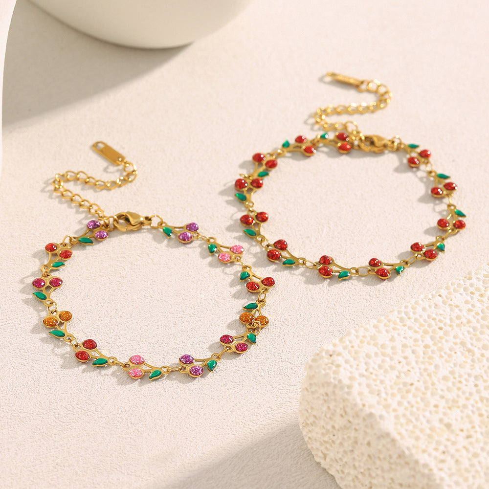 Fashionable Cherry-Shaped Stainless Steel Plated 18K Gold Enamel Bracelet for Women