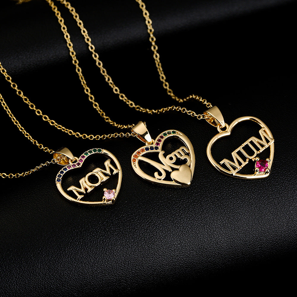Geometric MOM Pendant Necklace in Copper with 18K Gold Plating and Zircon Accents for Mother's Day