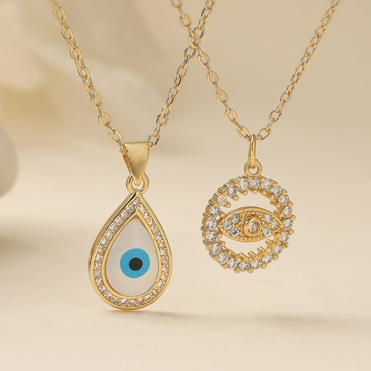 Minimalist Geometric Evil Eye Cubic Zirconia Gold Plated Brass Pendant Necklace