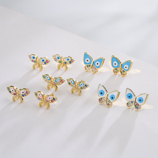 Ins Fashion Geometric Butterfly Stud Earrings Copper Micro Paved CZ Enamel 18K Gold Plated for Women