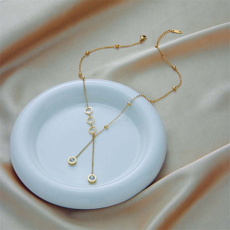 Minimalist Luxe Geometric Tassel Pendant Necklace in Titanium Steel with Rhinestone Inlay and Plated Finish