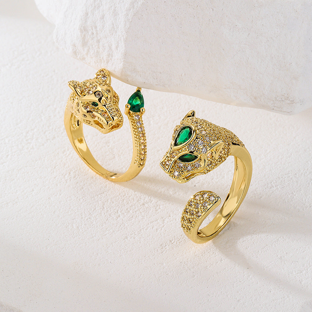 Minimalist Geometric Leopard-Shaped Copper Ring with 18K Gold Plating and Micro-Pavé Zirconia for Women