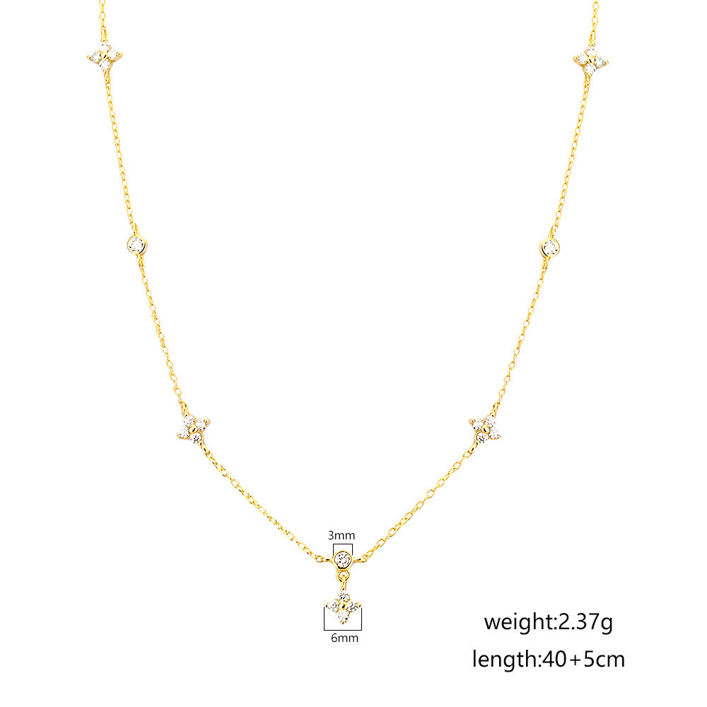 Sweet Streetwear 925 Sterling Silver Floral Rhinestone Inlay Necklace with Curb Chain for Women