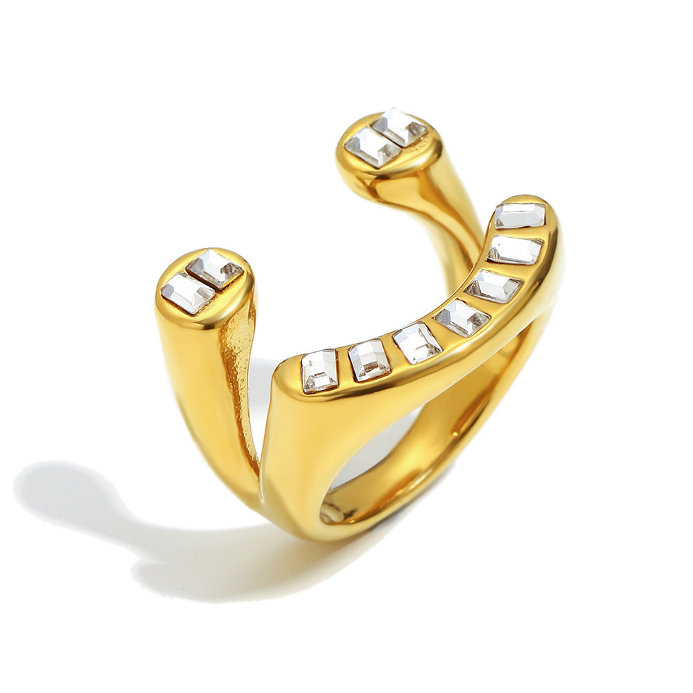 Anello geometrico minimalista in acciaio inossidabile con placcatura in oro 18 carati e zirconi irregolari da donna