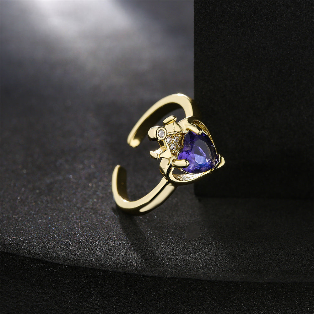 Gold Plated Brass Geometric Heart Micro-inlay Cubic Zirconia Ring for Women