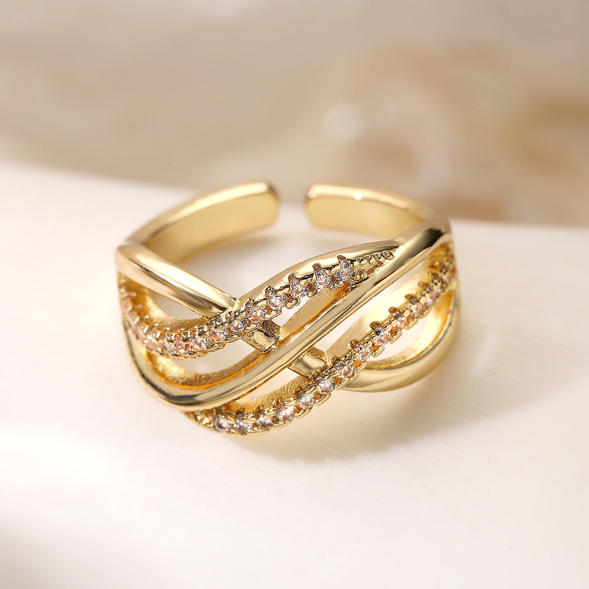 Minimalist Geometric Hollow-Out Open Ring for Women in Brass with 18K Gold Plating and Zircon Inlay