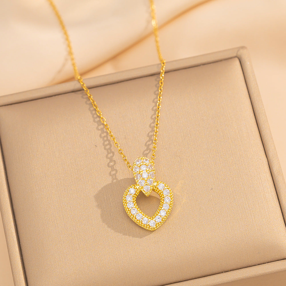 Elegant Minimalist Heart-Shaped Titanium Steel Necklace and Earrings Set with Zircon Inlay and 18K Gold Plated Copper Accents