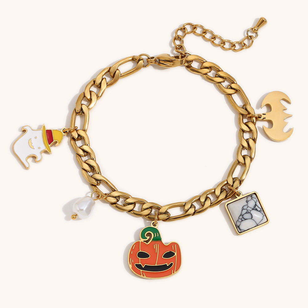 Bracciale da donna con ciondoli a zucca e pipistrello a tema Halloween, alla moda, in acciaio inossidabile con placcatura in oro 18 carati
