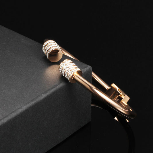 Minimalist Titanium Steel Open Cylindrical Bangle with Rhinestone Inlay for Women Gold Plated Fashion Bracelet
