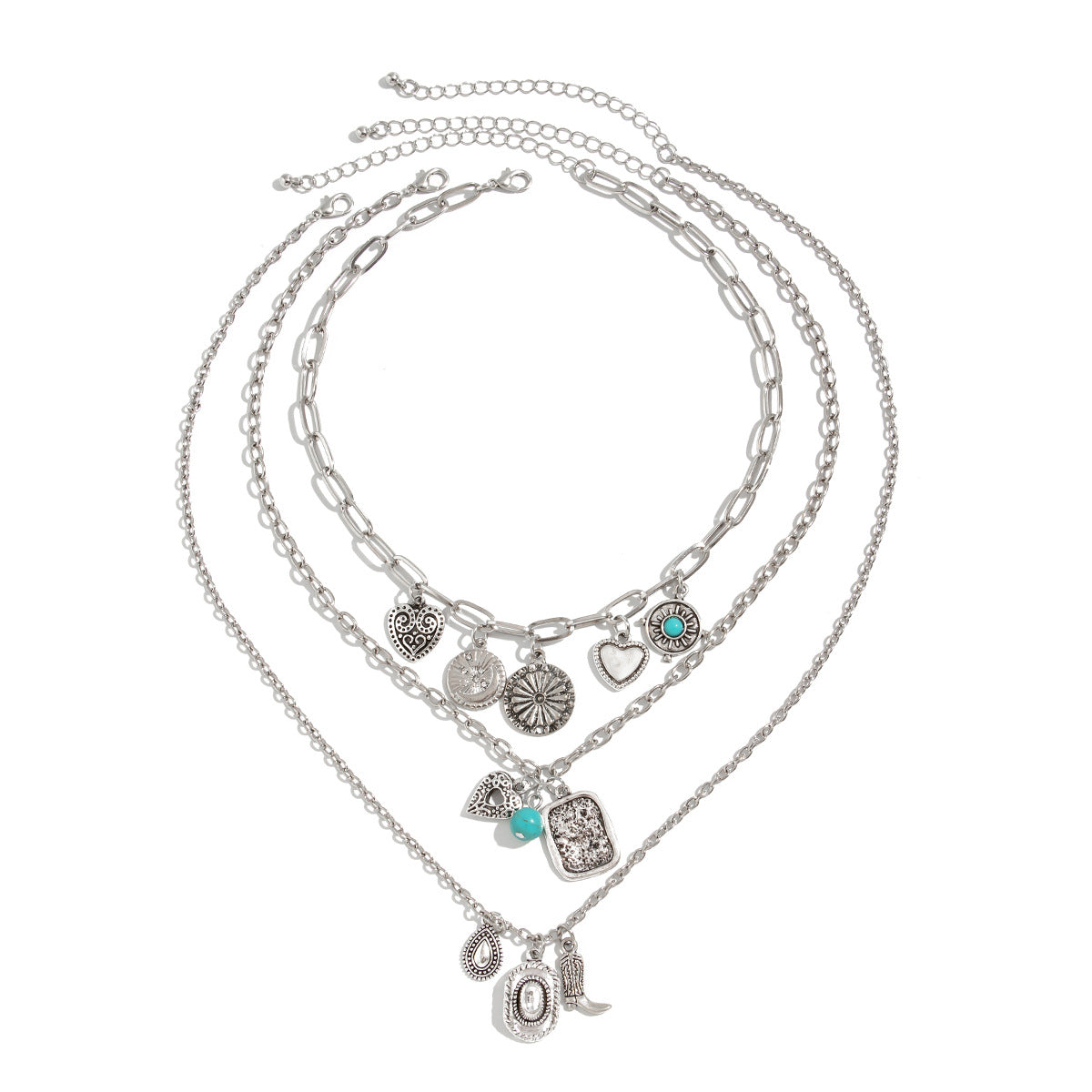 Vintage Bohemian Zinc Alloy Plated Heart Star Turquoise Pendant Necklace for Women