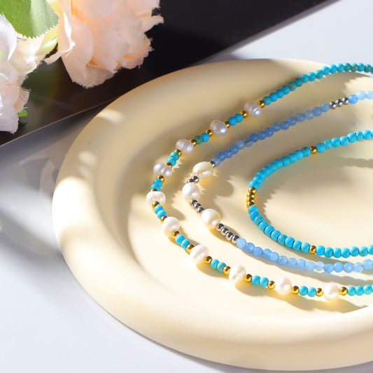 Minimalist Pearl Necklace for Women with Stainless Steel Chain and Titanium Steel Pendant Featuring Blue Beads and Plated Finish