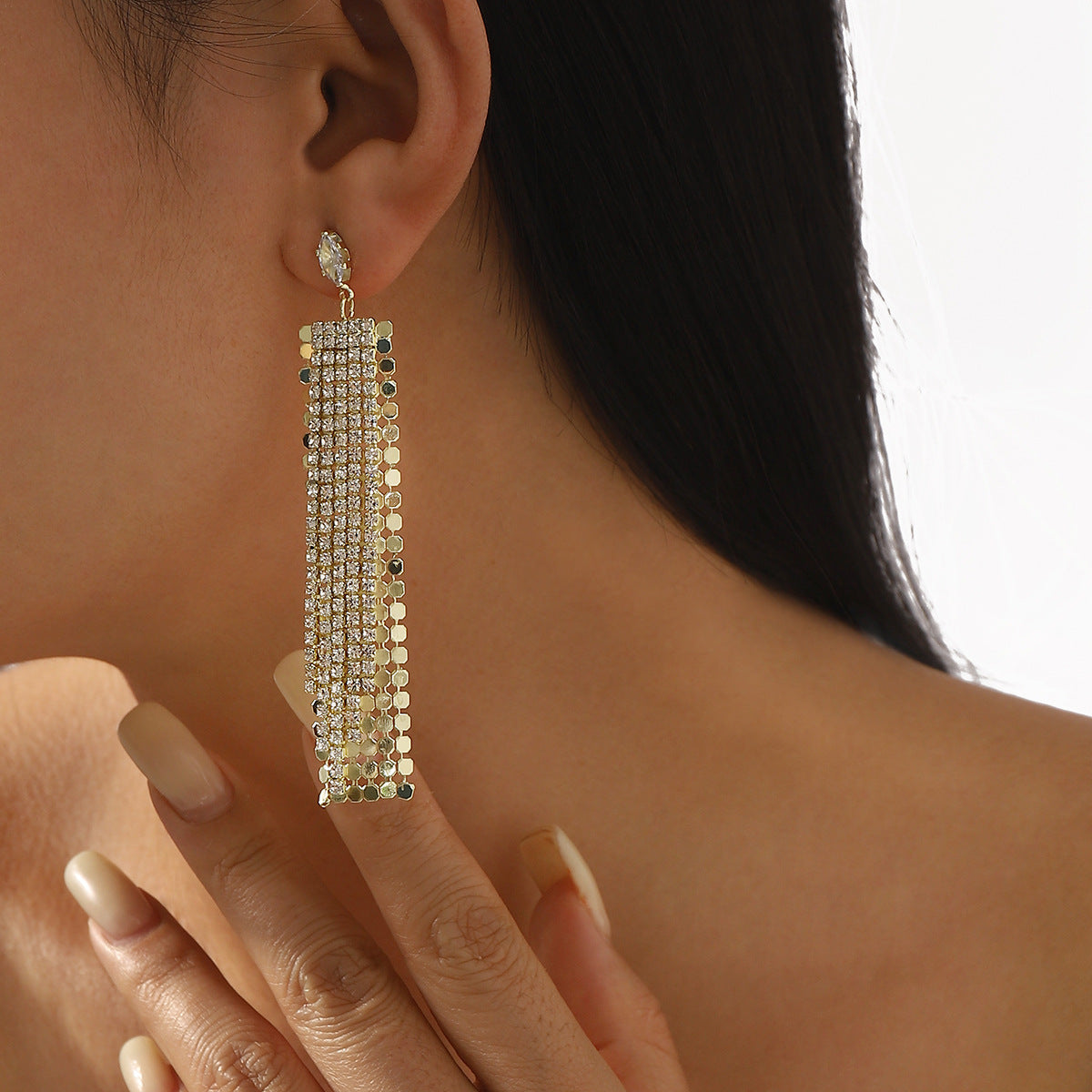 Geometric Fringe Alloy Earrings with Rhinestone Inlay for Women, Fashionable Office Wear Lightweight Luxury Party Jewelry