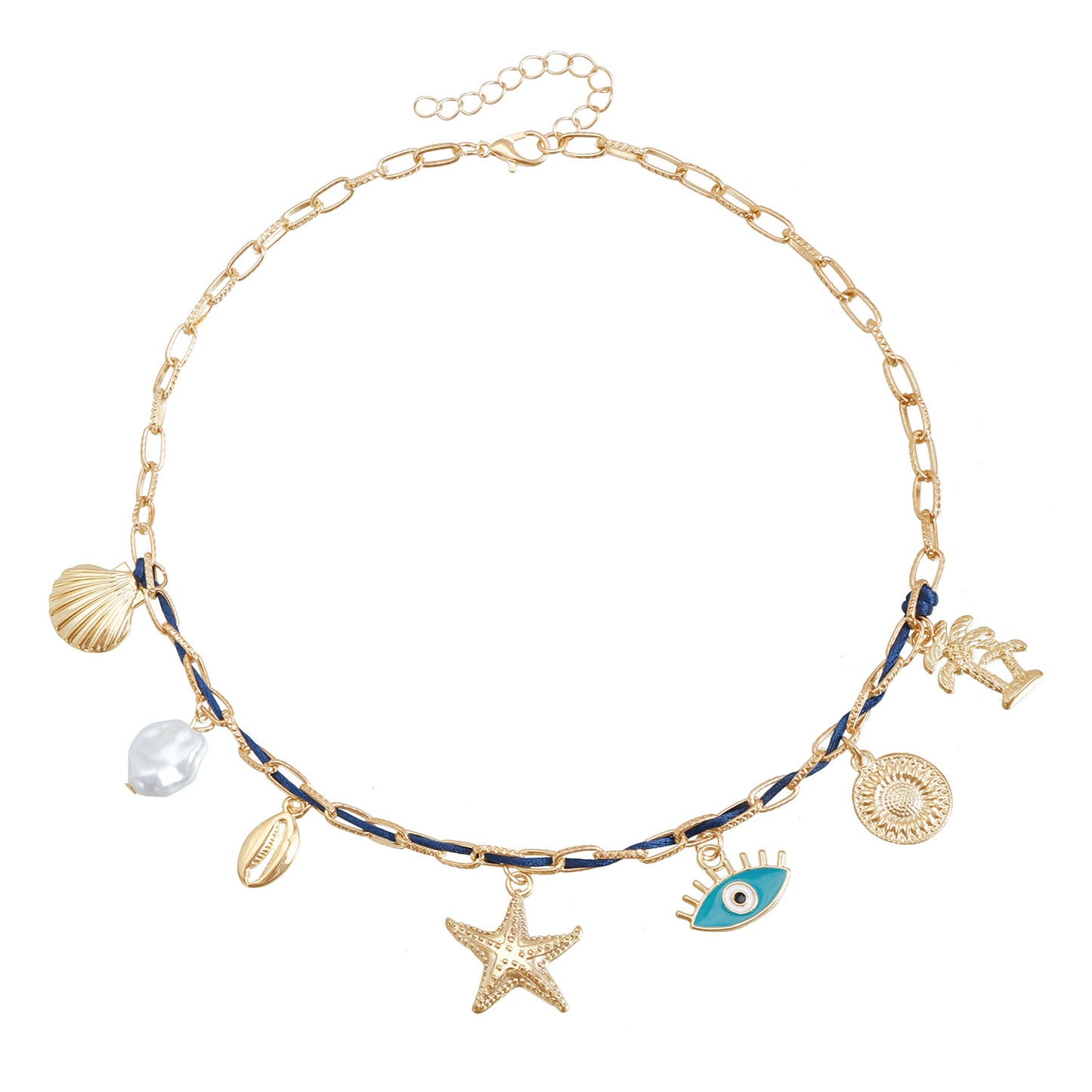 Collar Minimalista con Colgante de Estrella de Mar y Concha con Motivo de Ojo Turco en Aleación, Cadena de Clavícula Electrochapada para Mujer