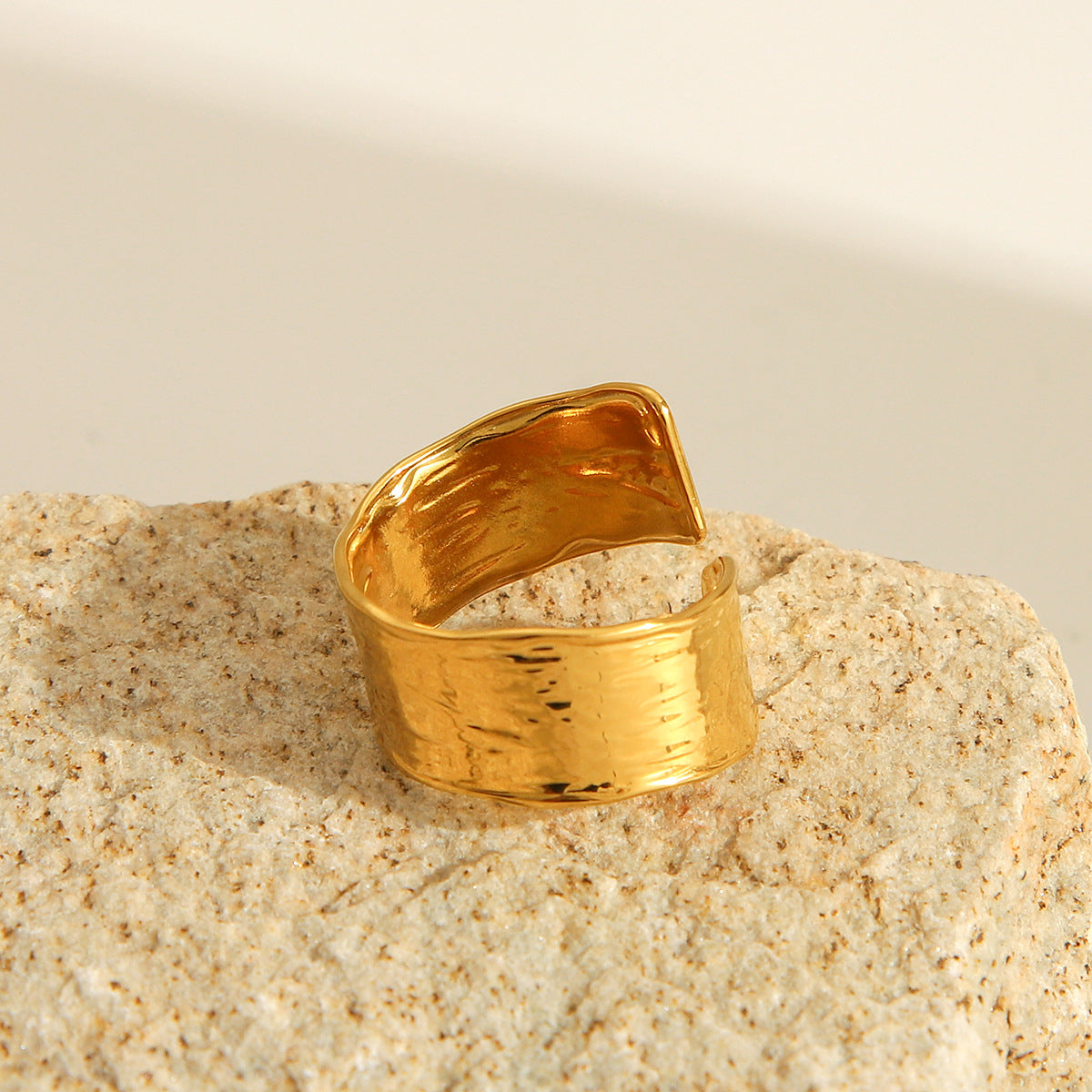 Minimalist Geometric Titanium Steel Ring with 18K Gold Plating and Textured Surface for Women
