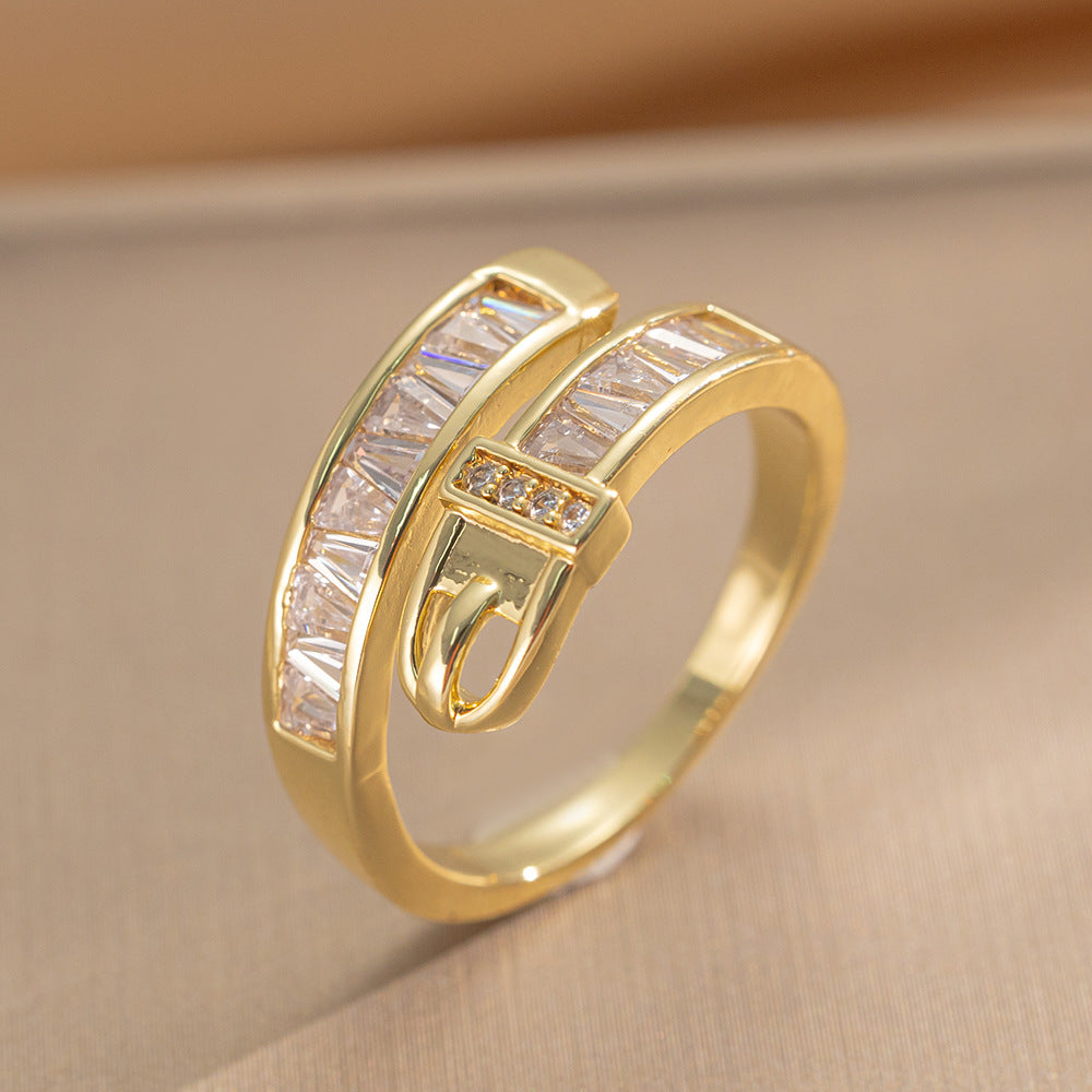 Luxury Minimalist Adjustable Open Ring for Women with Gold-Plated Copper Band and Zircon Stone Accent in Heart and Floral Shape
