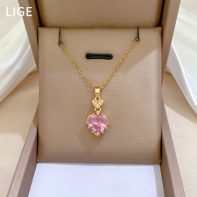 Pink Heart Rhinestone Luxury Titanium Steel Clavicle Necklace