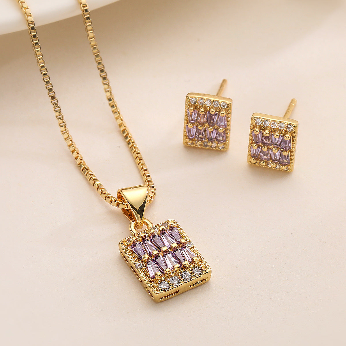 Minimalist Square Pendant Necklace and Earrings Set in Copper with 18K Gold Plating and Zircon Inlay