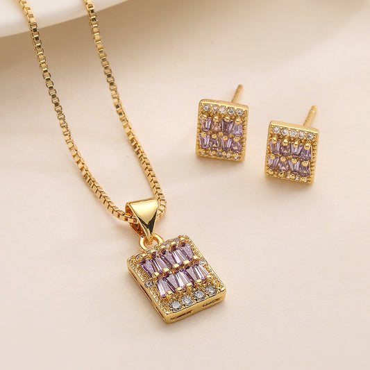 Minimalist Square Pendant Necklace and Earrings Set in Copper with 18K Gold Plating and Zircon Inlay
