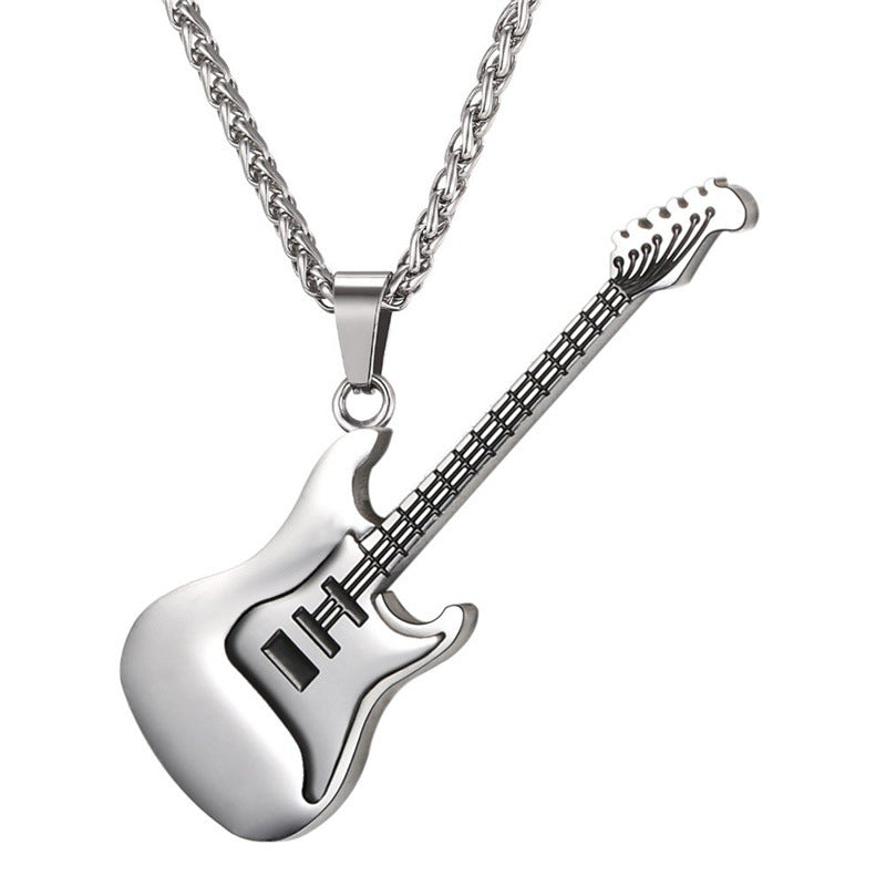 Natural Style Geometric Guitar Pendant Necklace for Unisex in Stainless Steel with Polished Titanium Steel Charm