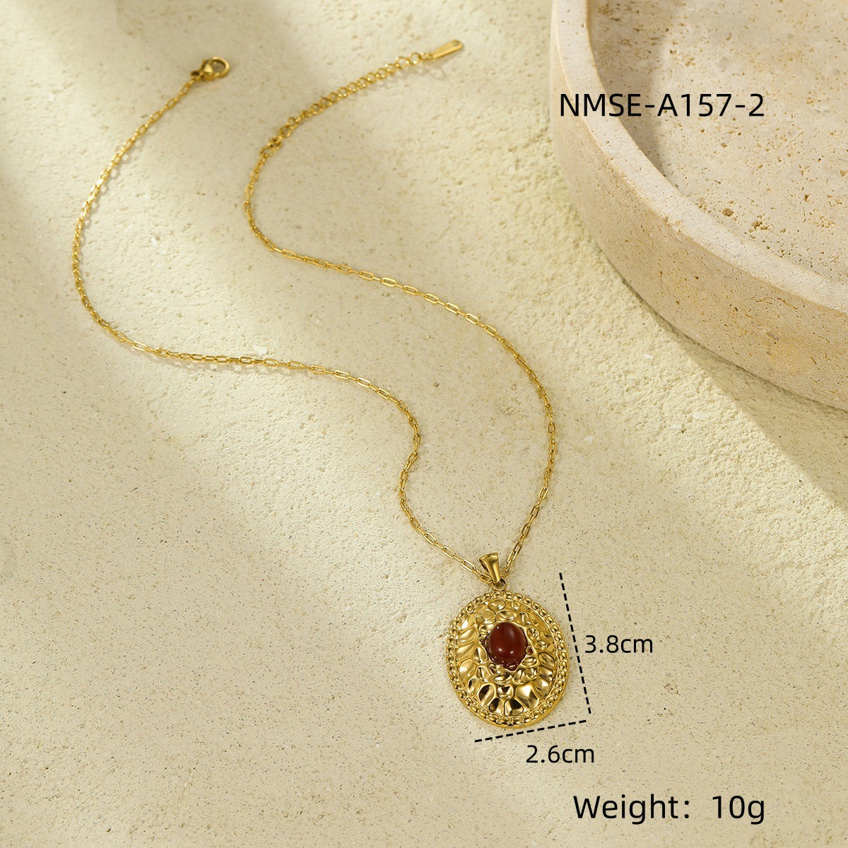 Collana con Pendente Ovale di Pietra Naturale Incastonata, in Acciaio al Titanio Placcato, Stile Trendy per Donna