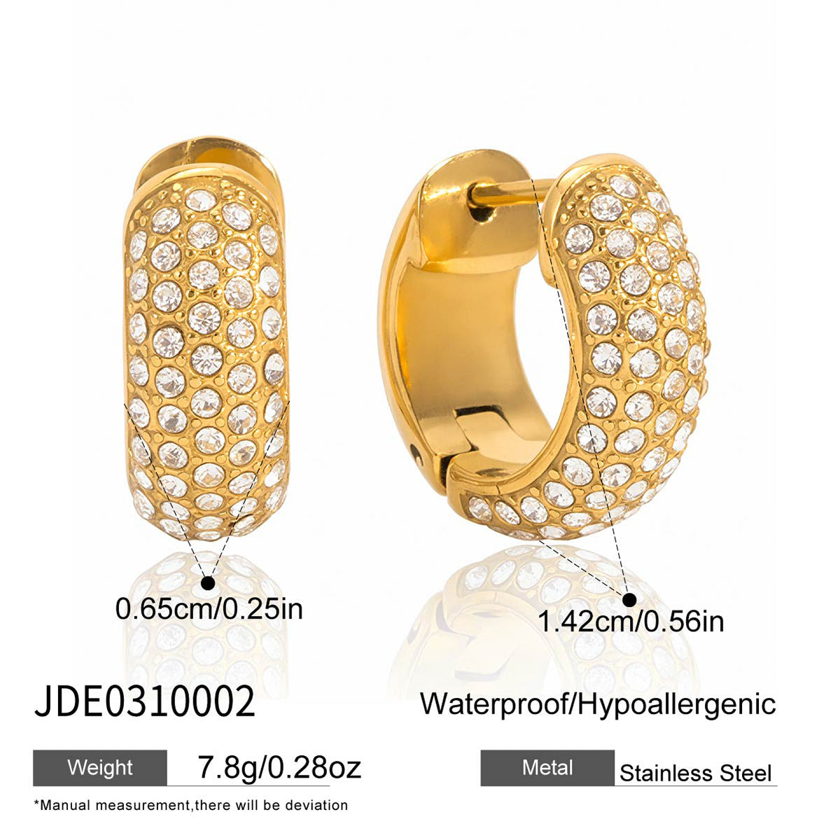 Orecchini geometrici in acciaio inossidabile con accenti di strass e perni in oro 18 carati, polsini di lusso placcati per donne