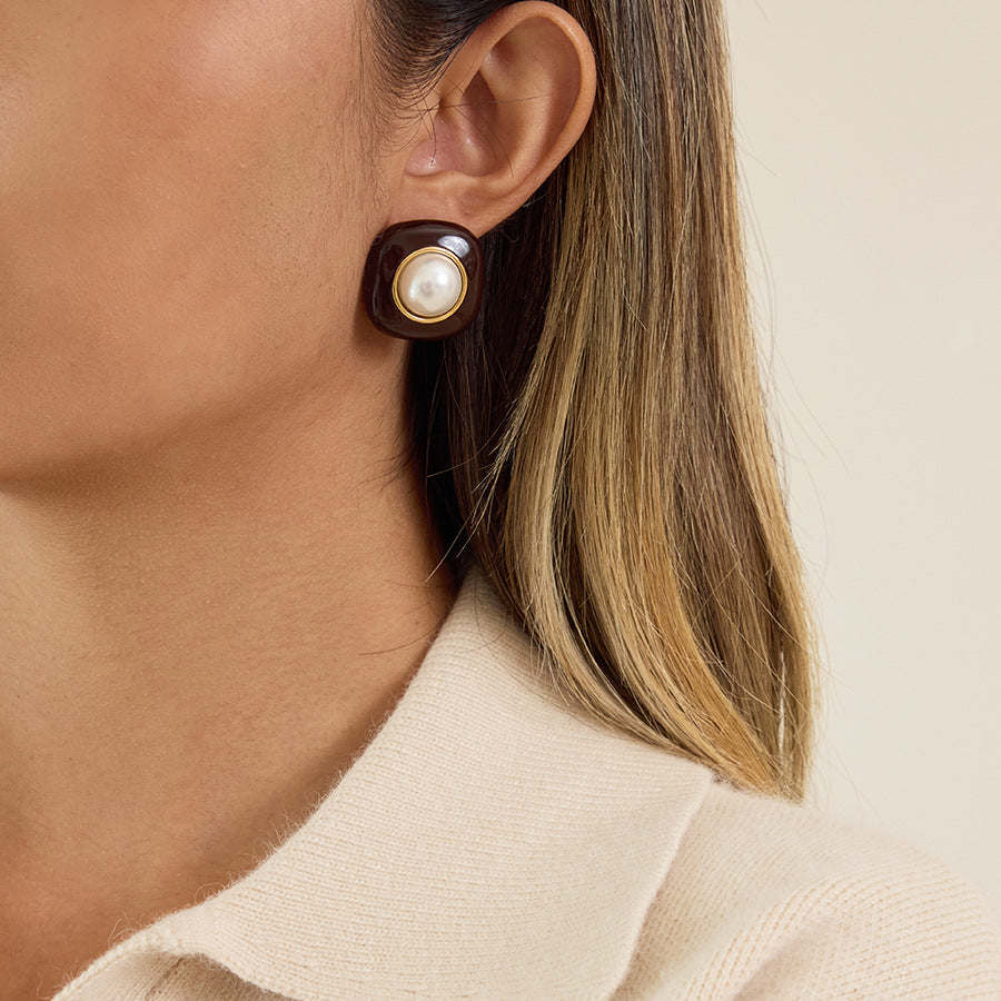 Pendientes de Tachuela de Perlas Esmaltadas de Acero Inoxidable con Diseño Geométrico Minimalista para Mujer