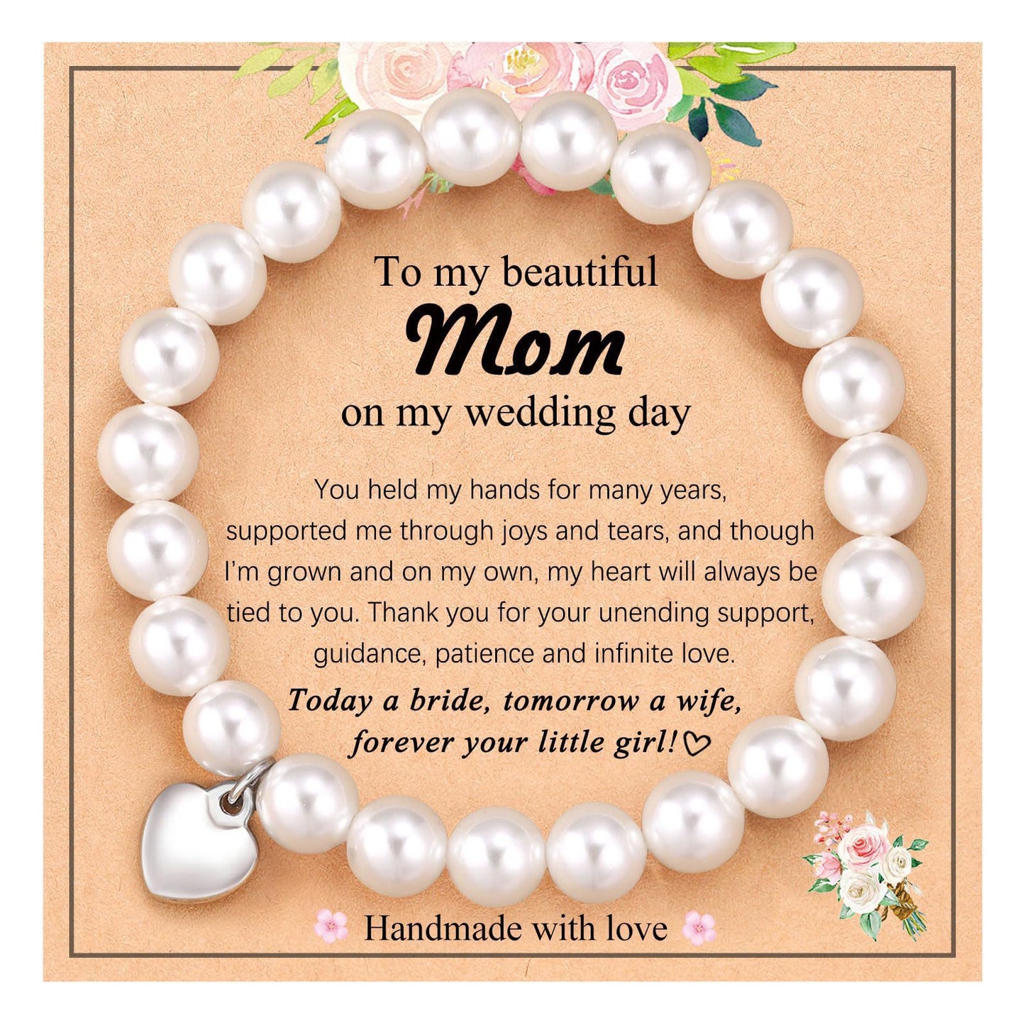 Minimalist 8mm Round Imitation Pearl Heart Charm Bracelet