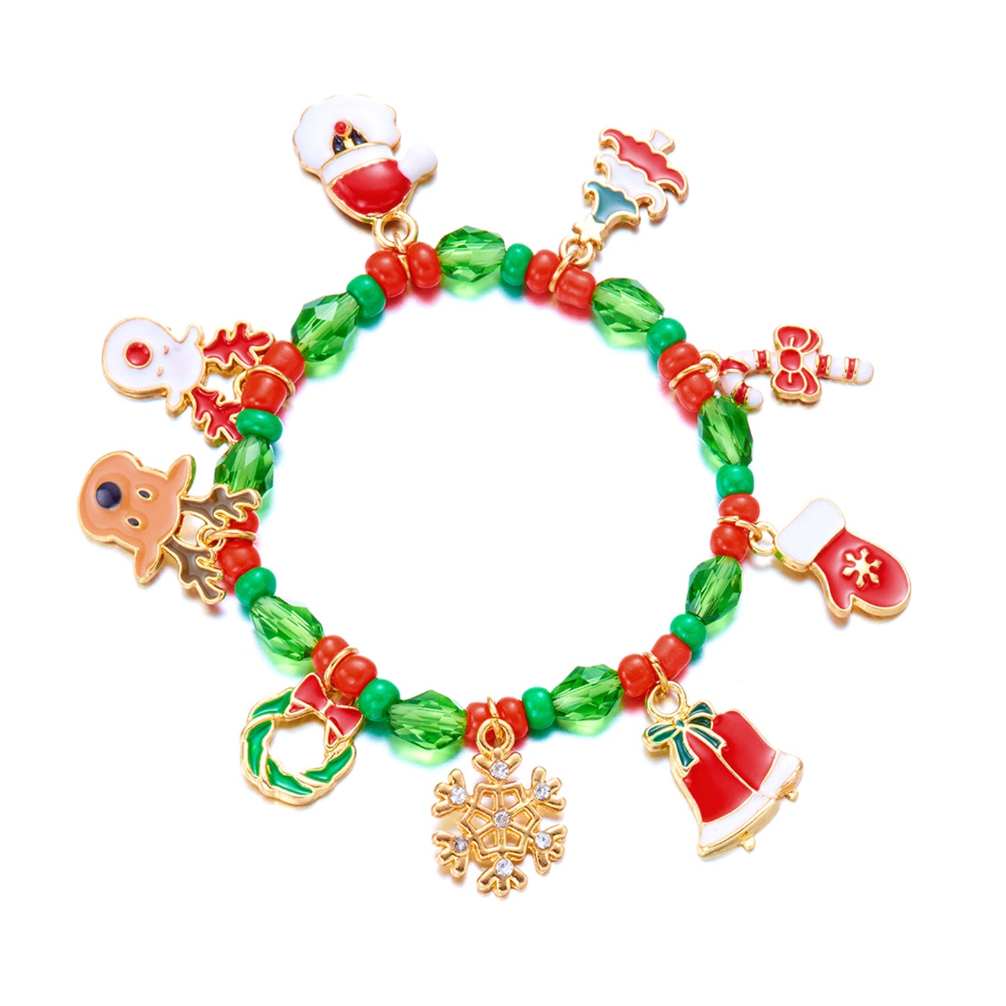 Bracciale artigianale in lega con perline e motivi natalizi di fiocchi di neve in cristallo, renne e Babbo Natale per occasioni festive.