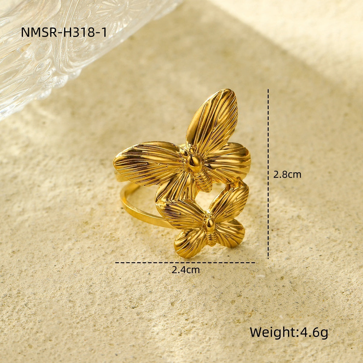 Anillo de Acero Inoxidable en Forma de Mariposa de Lujo Ligero para Mujeres, Accesorio de Moda con Baño Resistente a la Decoloración