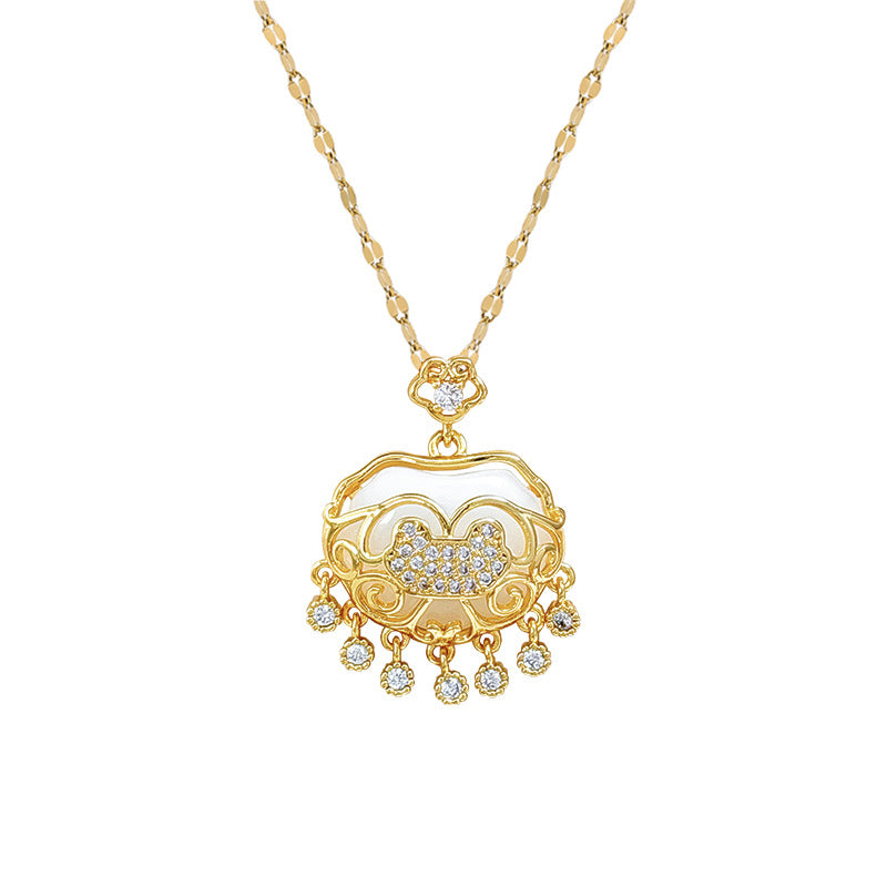 Luxury Tassel Lucky Lock Pendant Necklace for Women Stainless Steel Chain with Moon Motif Geometric Design