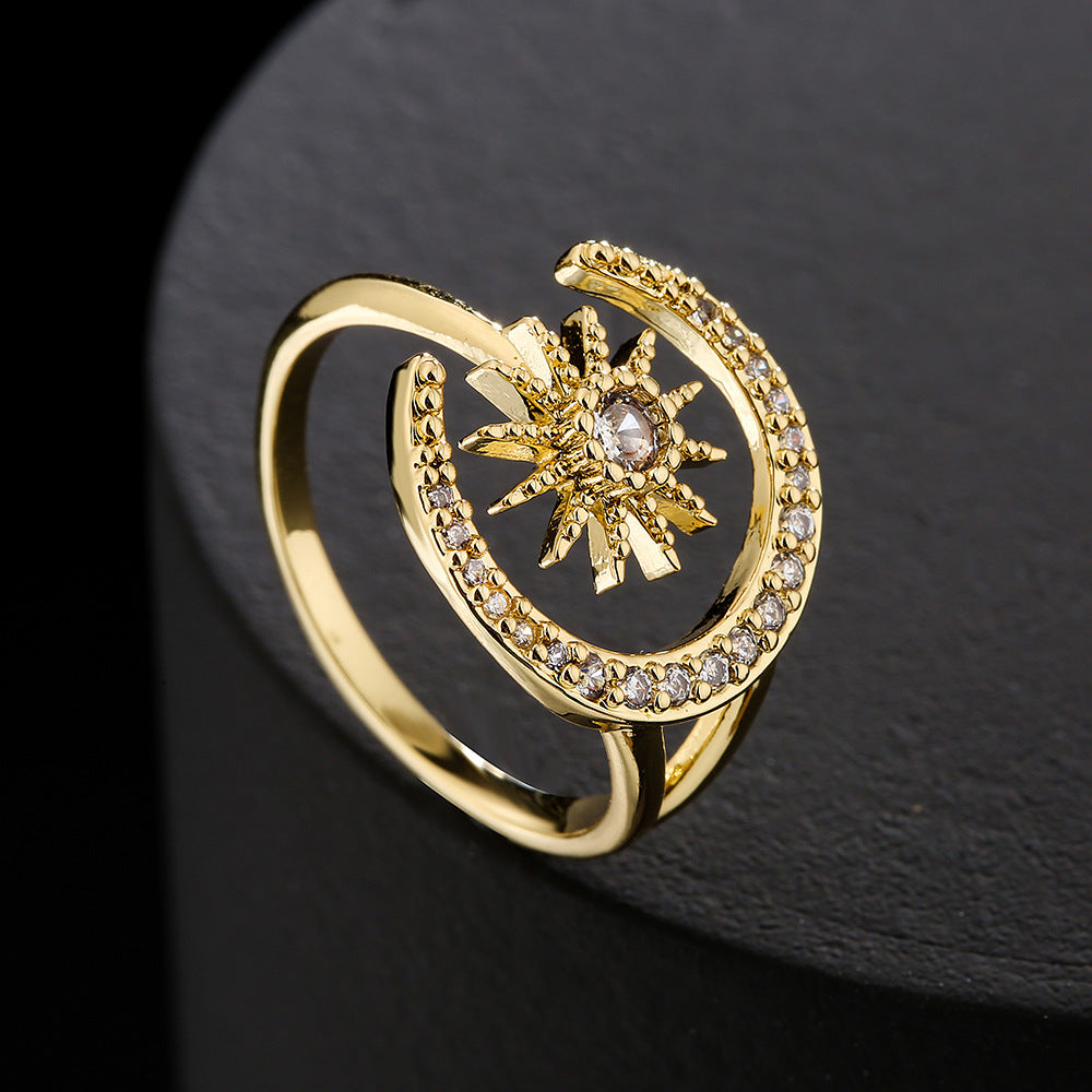 Anello aperto in stile europeo con stella e luna geometriche, placcato oro 18K su rame, zirconi micropavé, gioielli da donna