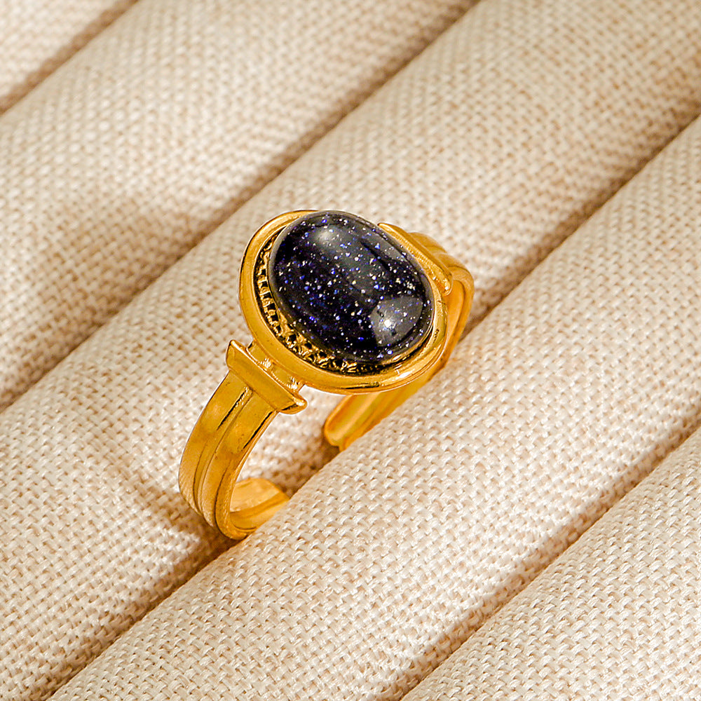 Vintage INS Style Stainless Steel Adjustable Ring with Natural Stone Inlay in Geometric Heart Zodiac and Animal Shapes