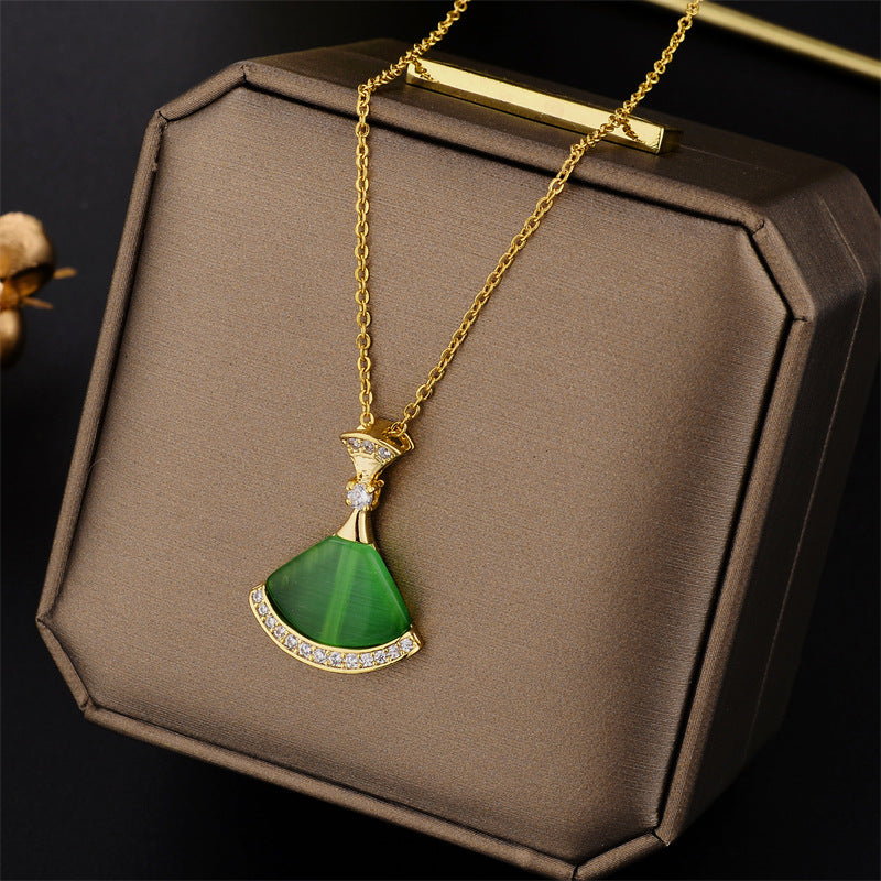 Minimalist Fan-Shaped Mother-of-Pearl Inlaid Pendant Necklace for Women - Titanium Steel Electroplated O-Chain Clavicle Chain
