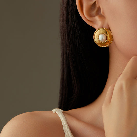 Pendientes geométricos vintage de acero inoxidable con incrustaciones de piedra natural para mujer