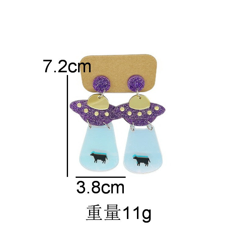 Pendientes de platillo volador alienígena OVNI con luna, estrella, vaca, gato y arco iris de acrílico extragrande para mujer con detalle cortado a láser