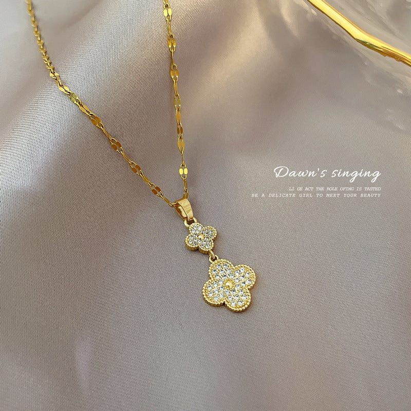 Minimalist Geometric Titanium Steel Clavicle Chain with Rhinestone Inlay and Copper Pendant