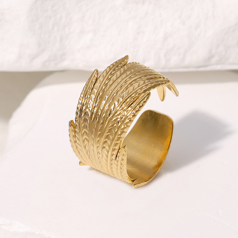 Anello regolabile in acciaio al titanio a forma di piuma per dito indice, anello unisex di moda in stile vintage con finitura placcata