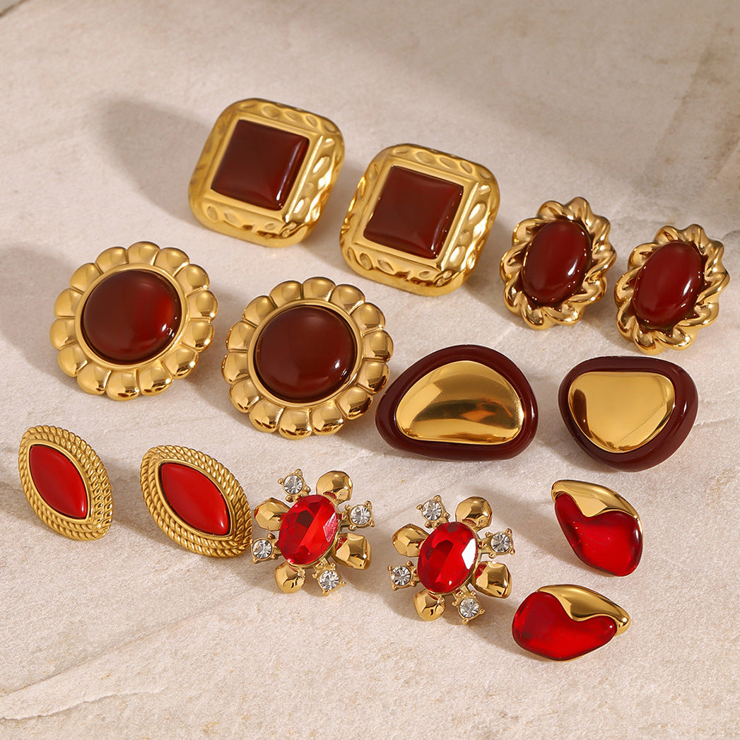 Orecchini a perno geometrici in acciaio inossidabile con agata rossa e accenti di zirconi, placcati elettroliticamente, per donna