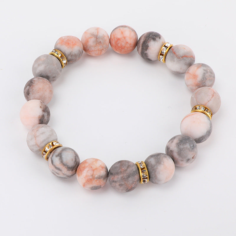 Elegant 8mm Pink Zebra Agate Beaded Bracelet with Rhinestone Inlay Unisex Geometric Jewelry