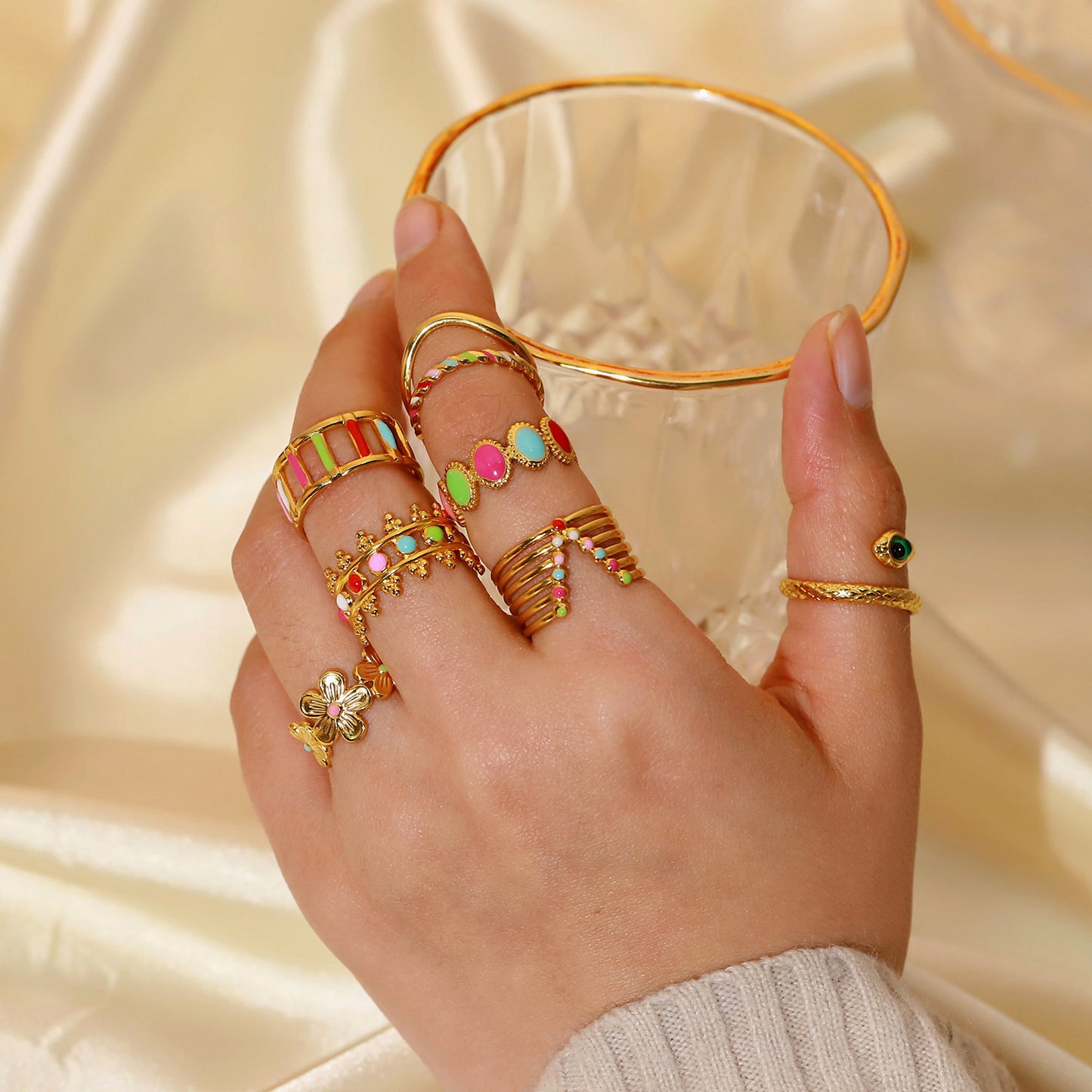 Anello in Acciaio Inossidabile Placcato Oro 18K da Donna, Design Geometrico alla Moda con Smalto Colorato a Goccia
