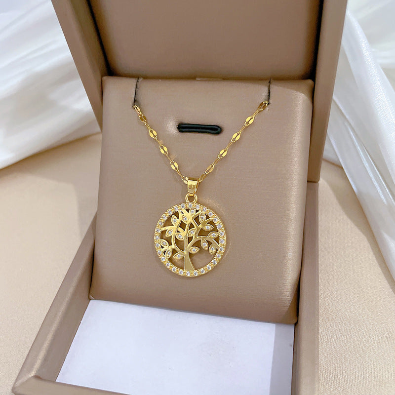 Collana Pendente Albero della Vita di Lusso in Acciaio al Titanio con Intarsio di Zirconi per Donna, Design Geometrico, Delicata Catena alla Clavicola