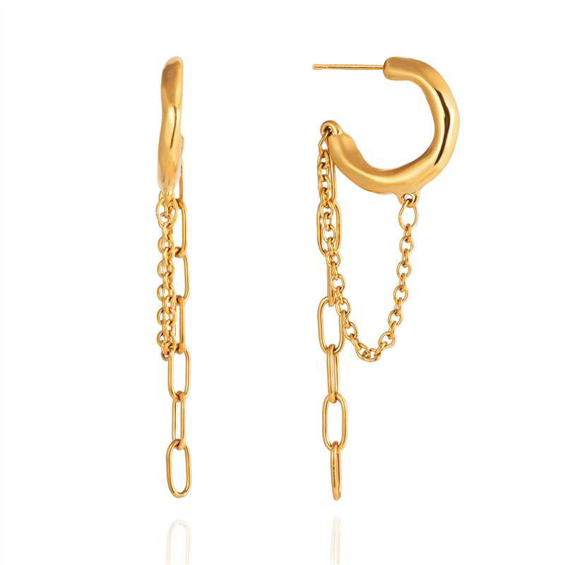 Pendientes enhebradores minimalistas de acero inoxidable geométricos con cadena colgante, acabado de lujo chapado en oro PVD