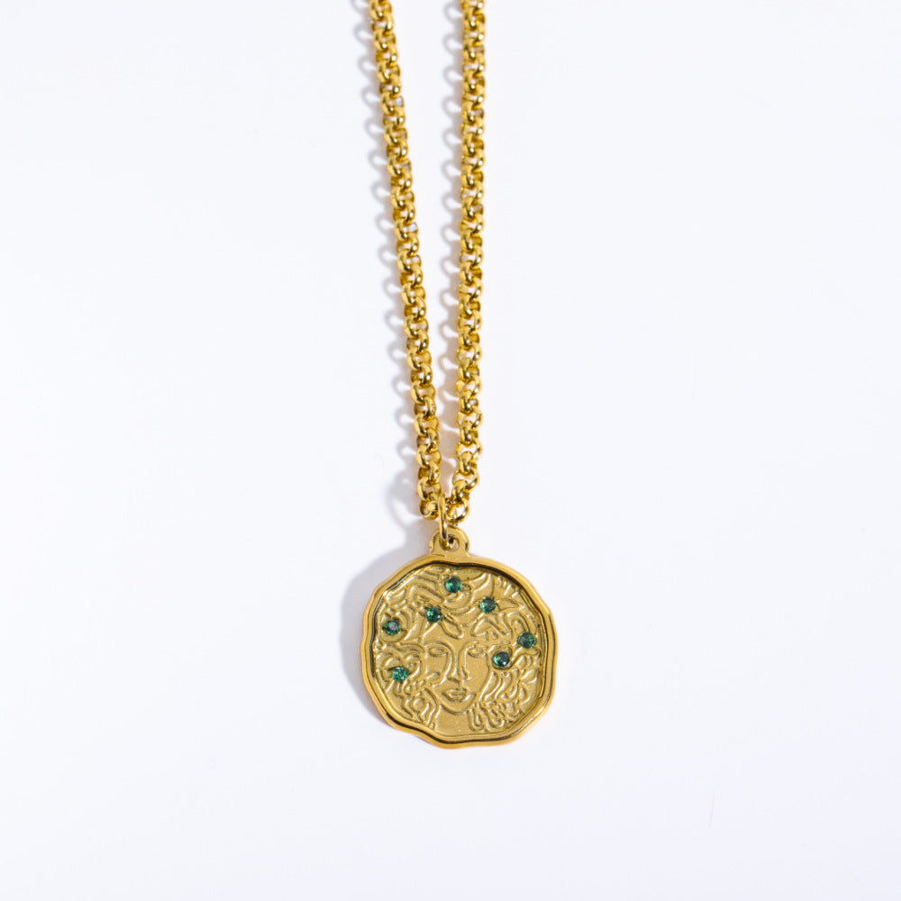 Collar con colgante retro de mitología nórdica y griega para mujer con diseño de Atenea y Medusa en acero inoxidable con acabado chapado en cadena tipo O